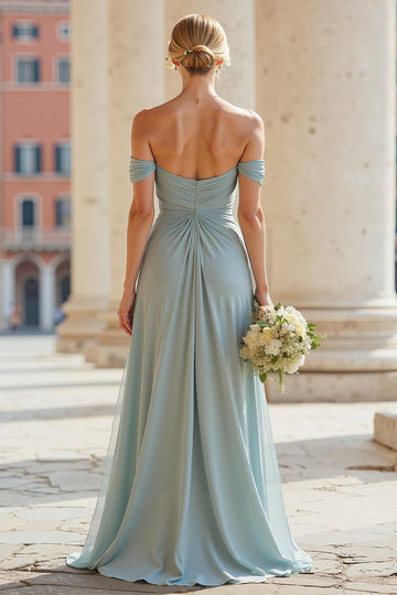 Grey Blue A Line Off the Shoulder Long Bridesmaid Dress with Slit
